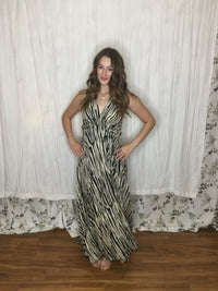 Muse Maxi Bianca | Black & Ivory Zebra Print Flowy Halter Maxi Dress