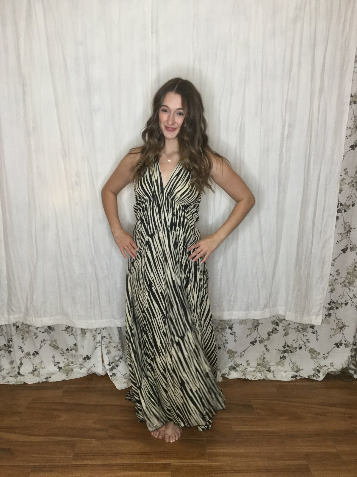 Muse Maxi Bianca | Black & Ivory Zebra Print Flowy Halter Maxi Dress