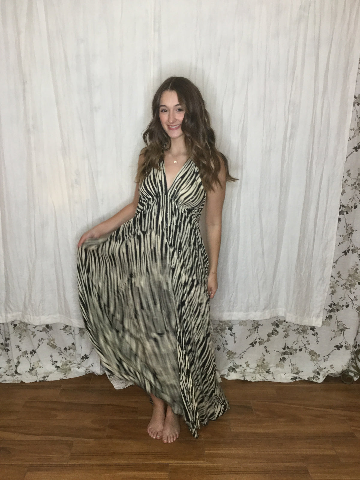 Muse Maxi Bianca | Black & Ivory Zebra Print Flowy Halter Maxi Dress