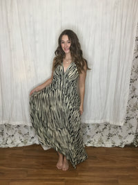 Muse Maxi Bianca | Black & Ivory Zebra Print Flowy Halter Maxi Dress