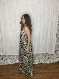 Muse Maxi Bianca | Black & Ivory Zebra Print Flowy Halter Maxi Dress