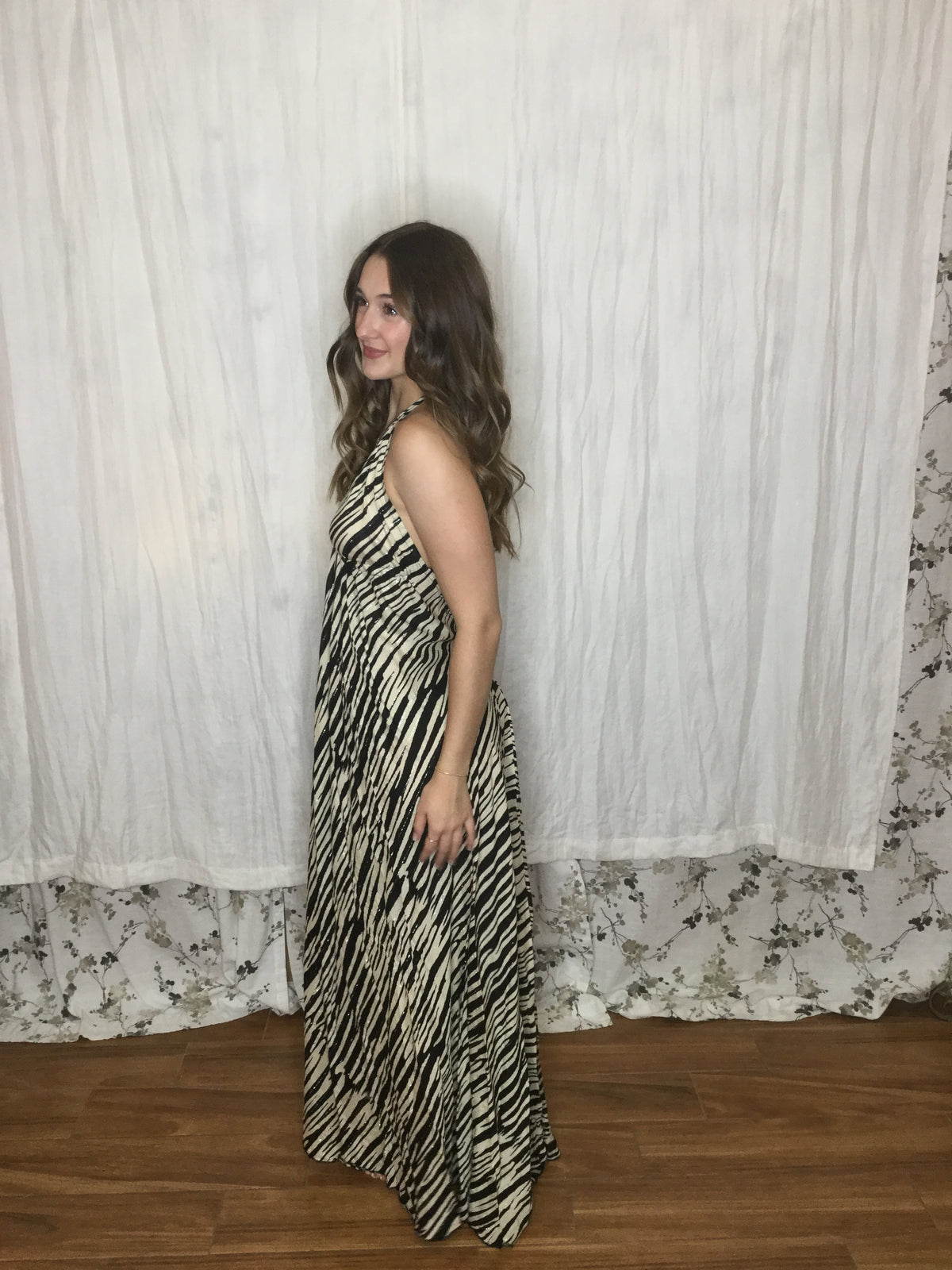 Muse Maxi Bianca | Black & Ivory Zebra Print Flowy Halter Maxi Dress