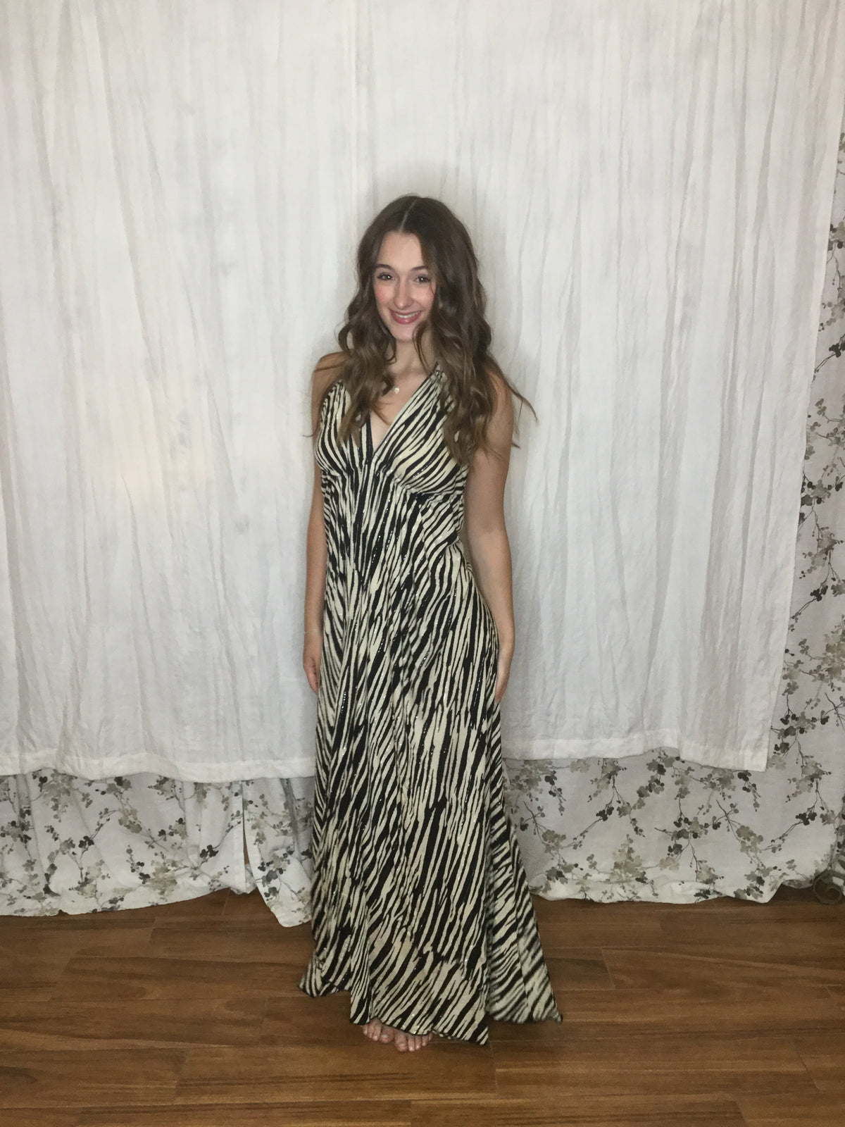 Muse Maxi Bianca | Black & Ivory Zebra Print Flowy Halter Maxi Dress