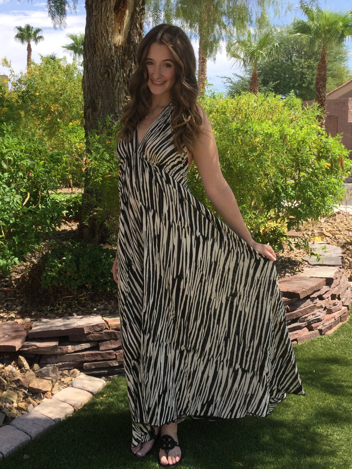 Muse Maxi Bianca | Black & Ivory Zebra Print Flowy Halter Maxi Dress