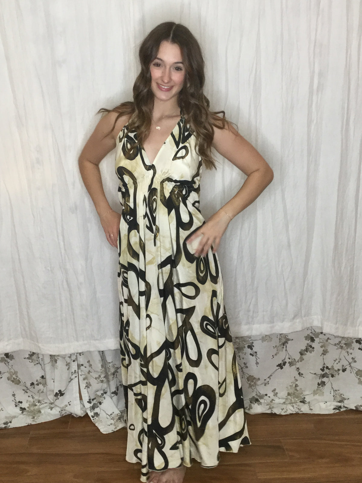 Muse Maxi Cleo | Ivory & Black Abstract Flowy Halter Maxi Dress