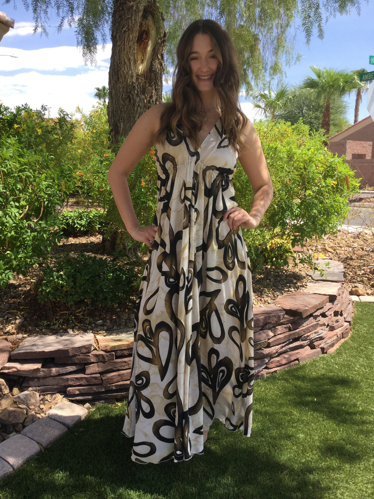 Muse Maxi Cleo | Ivory & Black Abstract Flowy Halter Maxi Dress