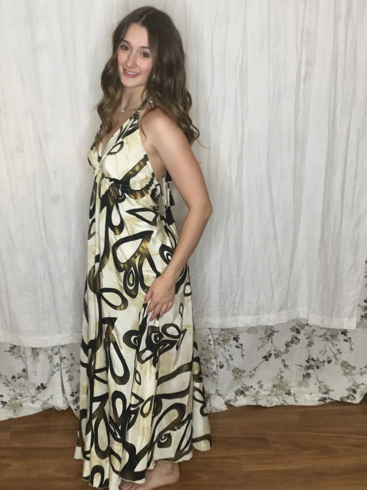 Muse Maxi Cleo | Ivory & Black Abstract Flowy Halter Maxi Dress