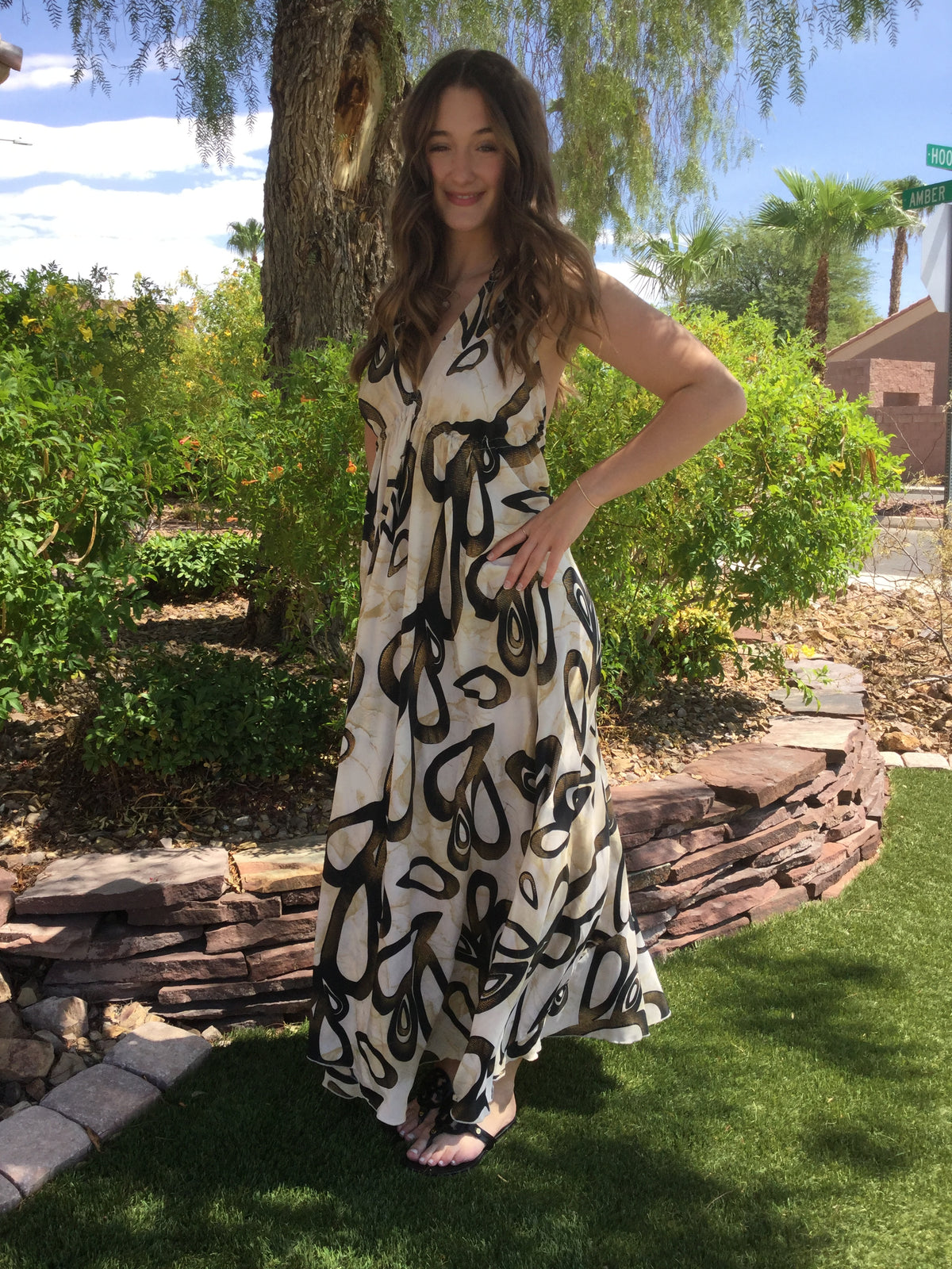 Muse Maxi Cleo | Ivory & Black Abstract Flowy Halter Maxi Dress