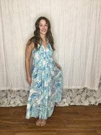 Muse Maxi Skye | White & Blue Tropical Flowy Halter Maxi Dress