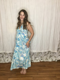 Muse Maxi Skye | White & Blue Tropical Flowy Halter Maxi Dress