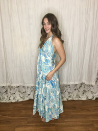 Muse Maxi Skye | White & Blue Tropical Flowy Halter Maxi Dress