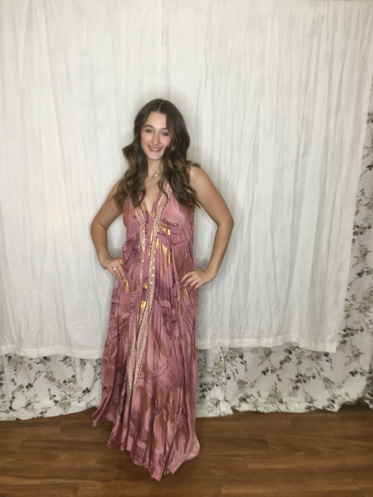 Muse Maxi Rhiannon | Dusty Rose & Gold Flowy Halter Maxi Dress