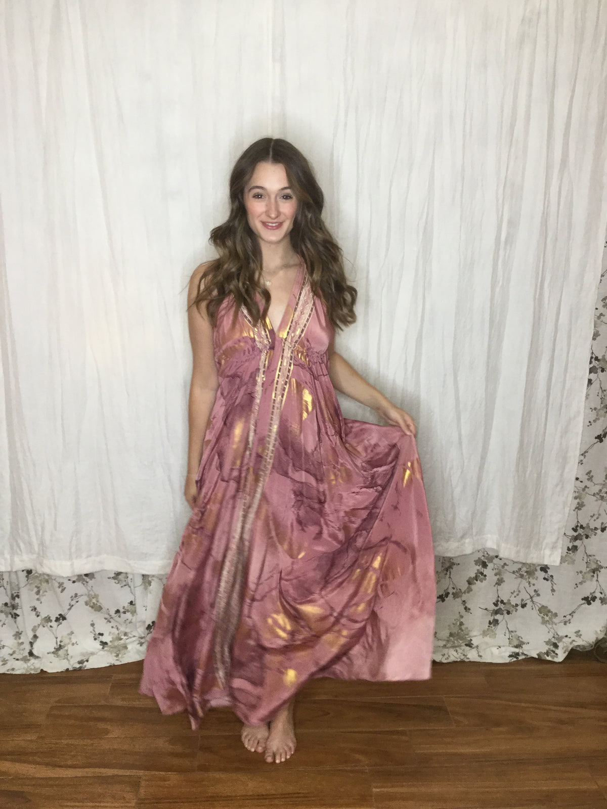 Muse Maxi Rhiannon | Dusty Rose & Gold Flowy Halter Maxi Dress